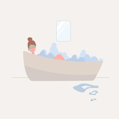 The girl is lying with a mask on her face in a bath with foam. Home Spa. Meditation in the bathroom. Self-care.