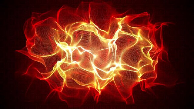 Abstract Fractal Yellow Red Wavy Turbulent Flame Dots Lines Motion On Dark Red Pattern Background And Isolated Black Background Seamless Loop