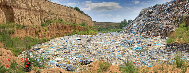 Garbage dump pollution, lots of plastic bags, environmental pollution landfill near the city. Nature destruction, plastic bottles rubbish and waste, unhealthy life