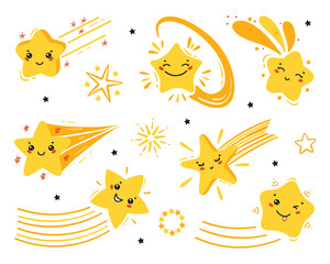 Doodle Shooting Cute Star Icons Vector Set. Yellow Little Falling Stars. Cartoon Comets Collection for Holiday or Birthday Party Design. Kawaii Characters for Kids