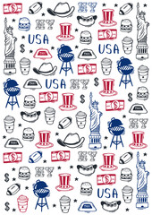 Fototapeta premium USA Hand draw doodle background. United States Of America popular symbols and elements. Vector illustration.