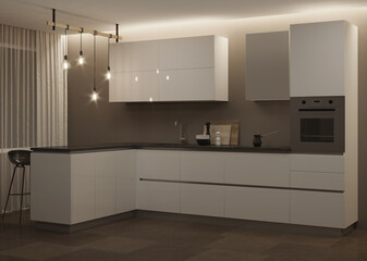 Interior with a white modern kitchen and a breakfast bar. Night. Evening lighting. 3D rendering.