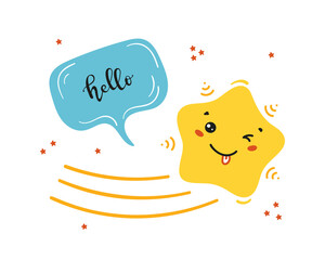 Doodle Shooting Cute Star and Speech Bubble with Hello word. Yellow Little Kawaii Falling Stars. Greeting Card, T-shirt Print, Poster for Nursery, Baby Holiday or Birthday Party Design for Kids
