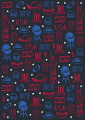USA Hand draw doodle background. United States Of America popular symbols and elements. Vector illustration.