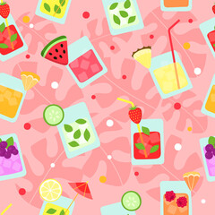 Fresh summer tropical fruit smoothies seamless pattern. Funny cocktails pineapple, strawberry, watermelon, grapefruit, lemon, cucumber. Summer bar on the beach. Cartoon handmade vector illustration.