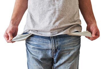 Inverted empty pockets. The young man turned out empty jeans pockets. A lack of money. Financial...