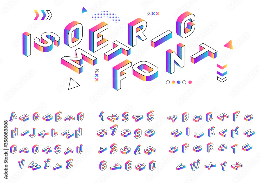 Fototapete isometric font. creative colored geometric alphabet. 3d gradient letters numbers sign vector set.