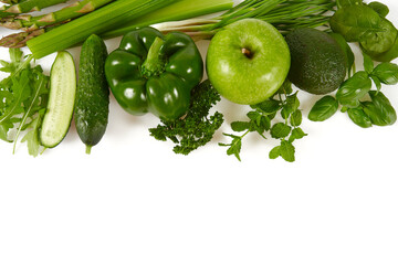green vegetables, herbs and fruits isolated on white