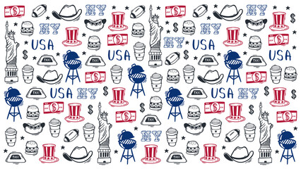 USA Hand draw doodle background. United States Of America popular symbols and elements. Vector illustration. © leo_d