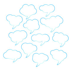 Set of blue speech bubbles. Cartoon Vector illustration. Isolated on transparent white background. Hand draw style, dialog clouds.