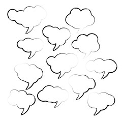 Set of speech bubbles. Cartoon Vector illustration. Isolated on transparent white background. Hand draw style, dialog black and white clouds.