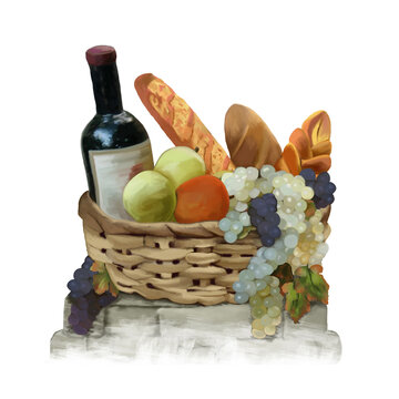 Cestino con bottiglia di vino, pane,  uva e mele. Pittura ad olio su sfondo bianco.