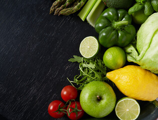 healthy fruits and vegetables on chalkboard