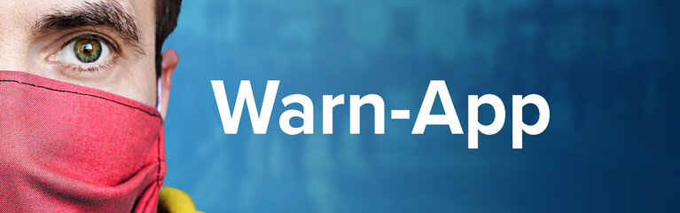 Warn-App. Mann mit Mundschutz vor blauen Hintergrund mit Menschen. Corona, Krankheit, Medizin,...
