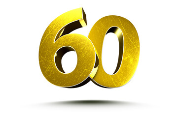 3D illustration Golden number 60 isolated on a white background.(with Clipping Path).