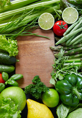 healthy fruits and vegetables and wooden board