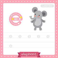 Letter E lowercase tracing practice worksheet. Elephant standing on two legs