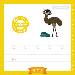 Letter E lowercase tracing practice worksheet. Standing Emu with eggs