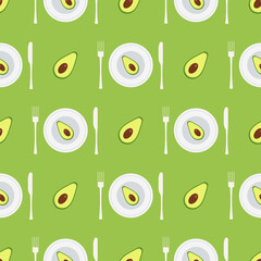 vector seamless pattern with cartoon avocados on a green background and avocado on plate with fork and knife. can be used as Wallpaper, packaging paper design, prints and other things. diet pattern