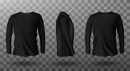 Long sleeve t-shirt for man front, side and back view. Vector realistic mockup of male black tee, sweater, sport or casual apparel with round neck isolated on transparent background