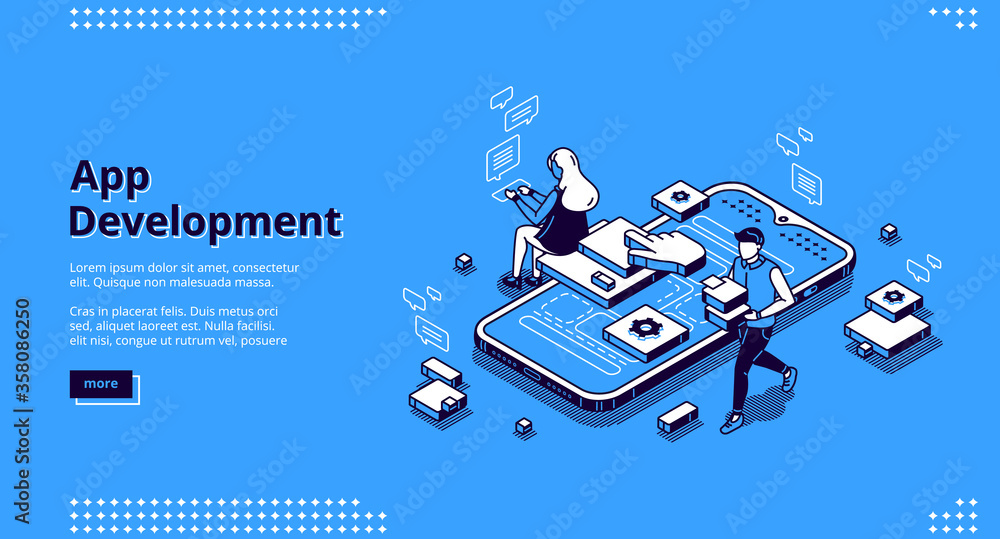 Poster mobile app development isometric landing page. user experience, ui ux phone interface design creatio