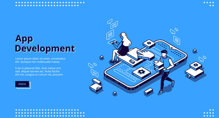 Mobile app development isometric landing page. User experience, ui ux phone interface design creation. Tiny people at huge smartphone work on gadget software application, 3d vector line art web banner - obrazy, fototapety, plakaty
