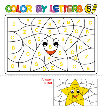 ABC Coloring Book for children. Color by letters. Learning the capital letters of the alphabet. Puzzle for children. Letter S. Star