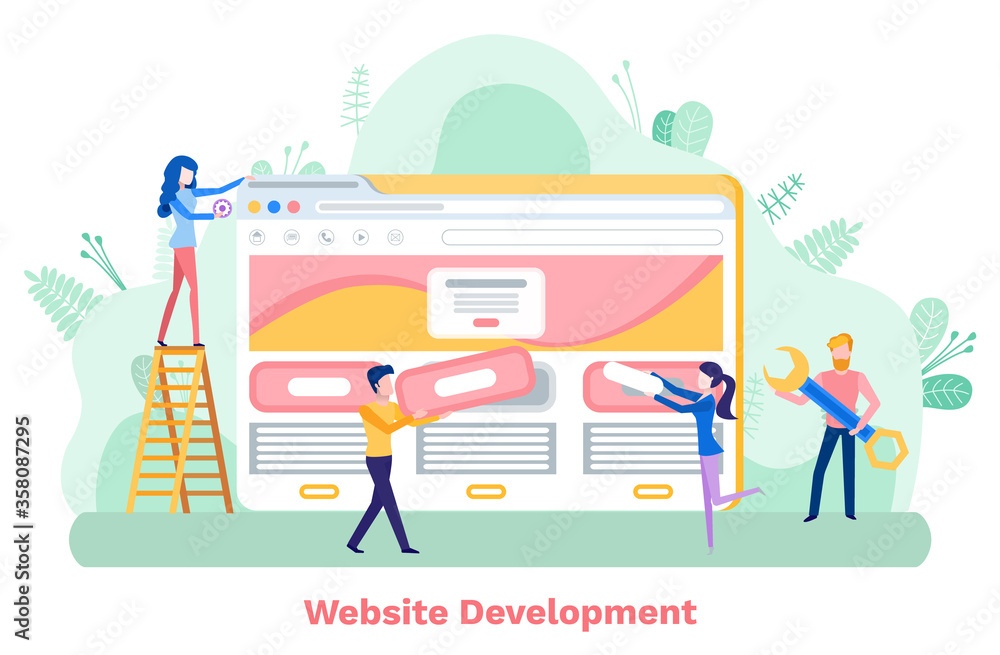 Poster people developers working on website development vector, man and woman looking at construction. inte