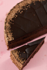 tasty homemade chocolate cake with cut piece on pink background
