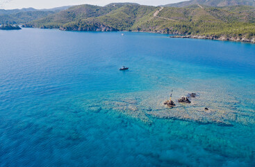 Aerial view of coastal scene from Gokova Bay Marine Protected Area Marmaris Turkey