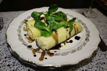 prawn and cod cannelloni with chocolate vinaigrette
