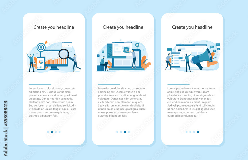 Poster flat illustrations design for digital marketing service, web analytics, website building, page promo