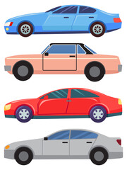 Four cars isolated on white background. Blue and grey sedans. Red small hatchback. Little vehicle pink and old cabriolet. Auto to drive and get your destination quickly. Vector illustration flat style
