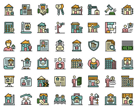 Realtor icons set. Outline set of realtor vector icons thin line color flat isolated on white