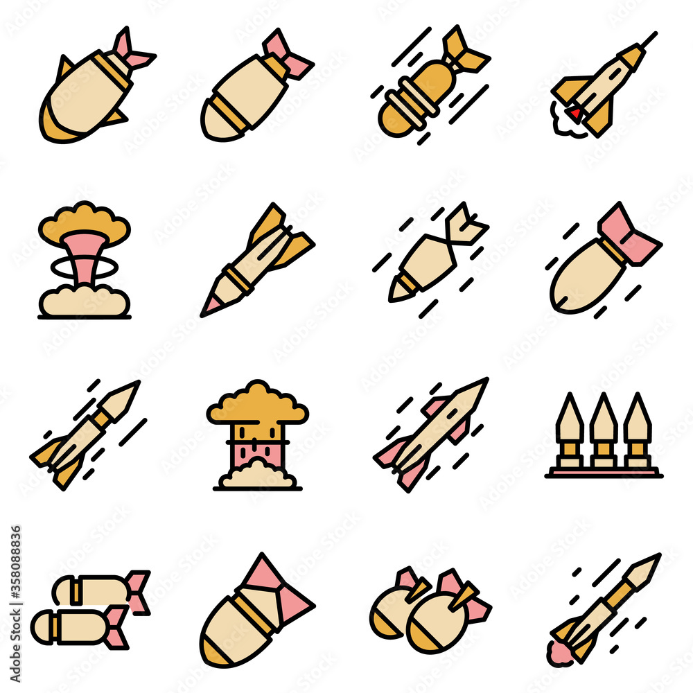 Poster missile attack icons set. outline set of missile attack vector icons thin line color flat isolated o