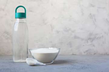 Collagen protein powder. Extra protein intake. Natural beauty and health supplement for skin, bones, joints and gut. Plant or fish based. Copy space for your text.