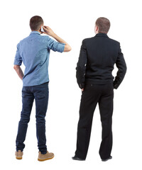 Back view of two business man in suit with mobile phone.