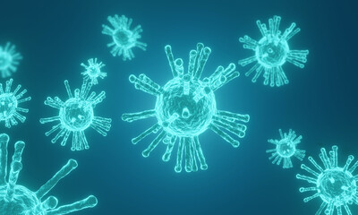 3d rendering of virus or coronavirus design, a new COVID outbreak which is a danger to humans. The design is a macro wallpaper. blue background