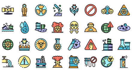 Biohazard icons set. Outline set of biohazard vector icons thin line color flat isolated on white