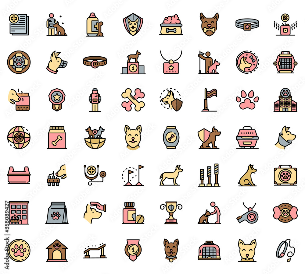 Poster dog handler icons set. outline set of dog handler vector icons thin line color flat isolated on whit