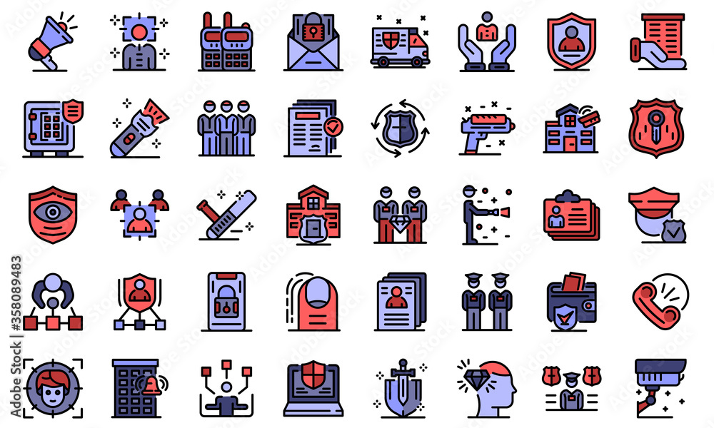 Poster personal guard icons set. outline set of personal guard vector icons thin line color flat isolated o
