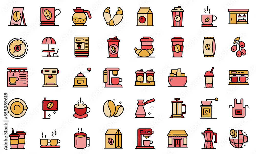 Poster coffee shop icons set. outline set of coffee shop vector icons thin line color flat isolated on whit