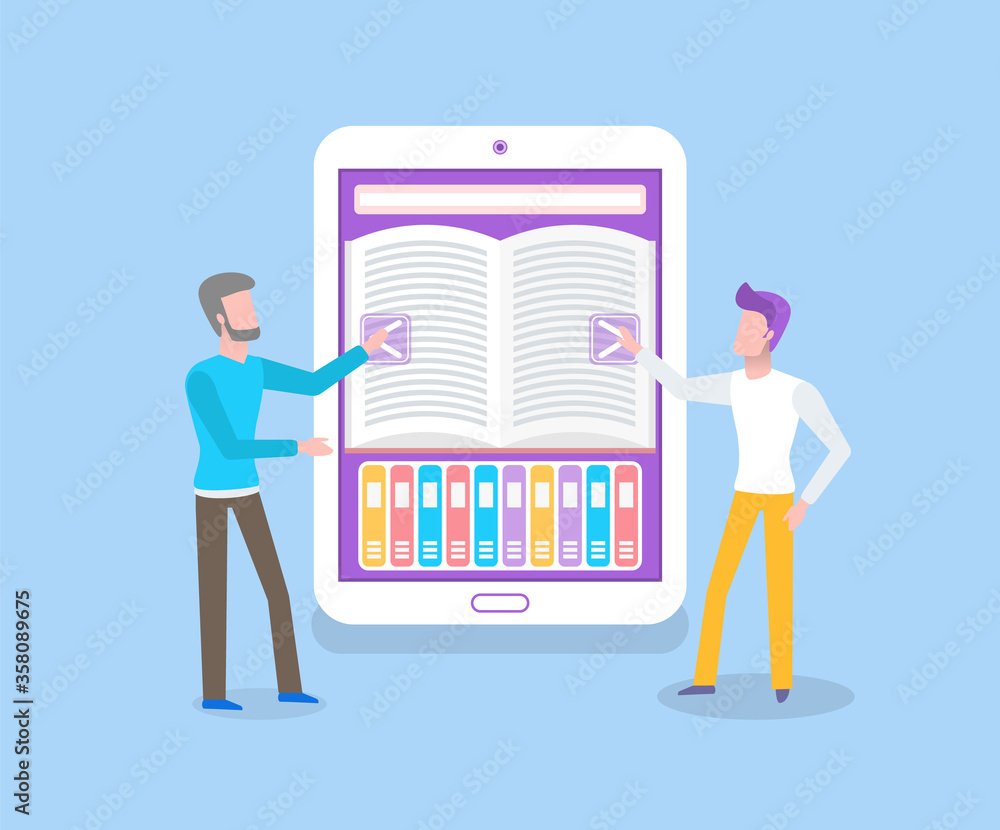 Poster students with big electronic book with opened page vector. bookshelf of electronic device, textbook 