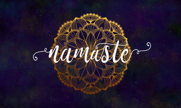 Namaste lettering on galaxy background with gold mandala