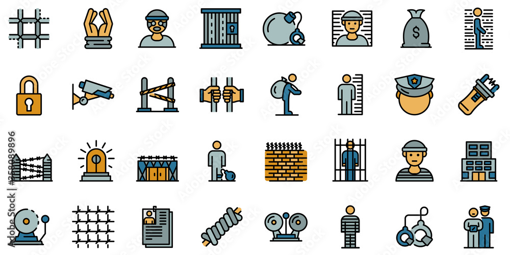 Poster prison icons set. outline set of prison vector icons thin line color flat isolated on white