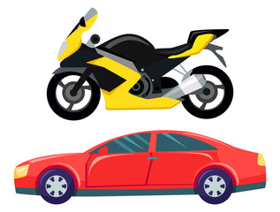 Obraz na płótnie Canvas Sport car vector isolated transportation. Vehicle transport of cool modern type and shape. Motorbike and bike with seat, lorry. Buy new car and moto bike. Flat cartoon