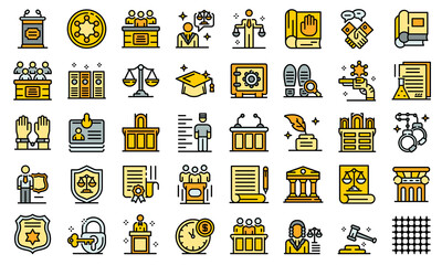 Prosecutor icons set. Outline set of prosecutor vector icons thin line color flat isolated on white