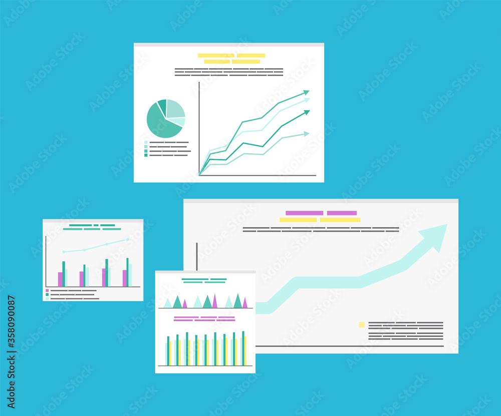 Poster information in visual representation vector, documents with info. flowcharts presentation, research 