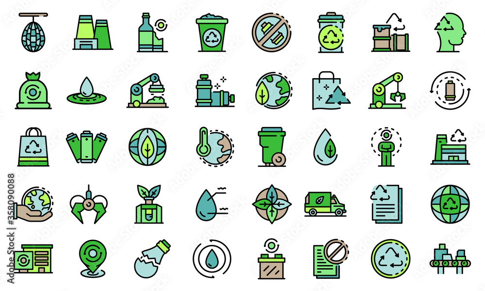 Poster recycle factory icons set. outline set of recycle factory vector icons thin line color flat isolated
