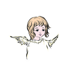 Angel prays to God. Divine heavenly symbol of the guardian angel of man. Character from Bible, Gospel. Design for Christmas and Easter. Adorable child with wings isolated on white background.